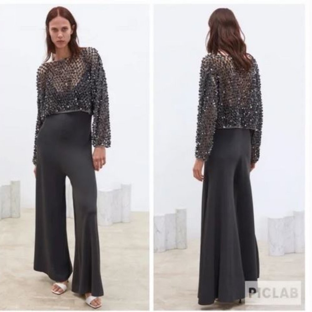 Zara Grey Knit Strappy Wide Flare Leg Jumpsuit, NWT, S - Picture 2 of 14